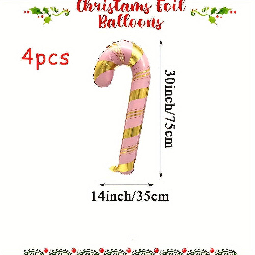 Set of 4 Christmas Candy Cane Foil Balloons - Festive Aluminum Film Balloon Decorations for Holiday Party & Christmas Photography Props
