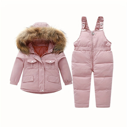 2Pcs Toddler Boys Girls Winter Snowsuit Hooded Down Jacket Coat + Snow Bib Pants Kids Windproof Skiing Suit Snow Clothes 1-5T