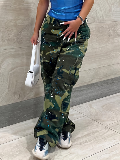 Comfortable Women's Camo Print Straight Leg Pants - Outdoor Recreation Hiking Trousers with American Retro Style, High Street Fashion, and Relaxing Fit for Casual Daily Wear