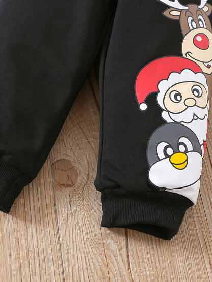 Toddler Baby Boys Cute Christmas Elk Santa Penguin Cartoon Print Sweatshirt Top Pants Outdoor Set, Kid's Party Casual Clothes