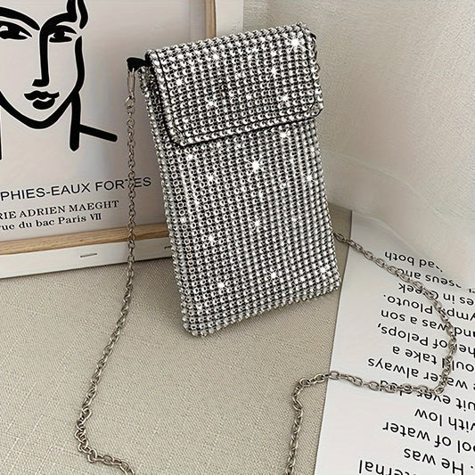 Glamorous Geometric Rhinestone Crossbody Purse - Lightweight, Glossy, Lanyard Included, Phone Wallet for iPhone Samsung - Perfect Evening Clutch Handbag