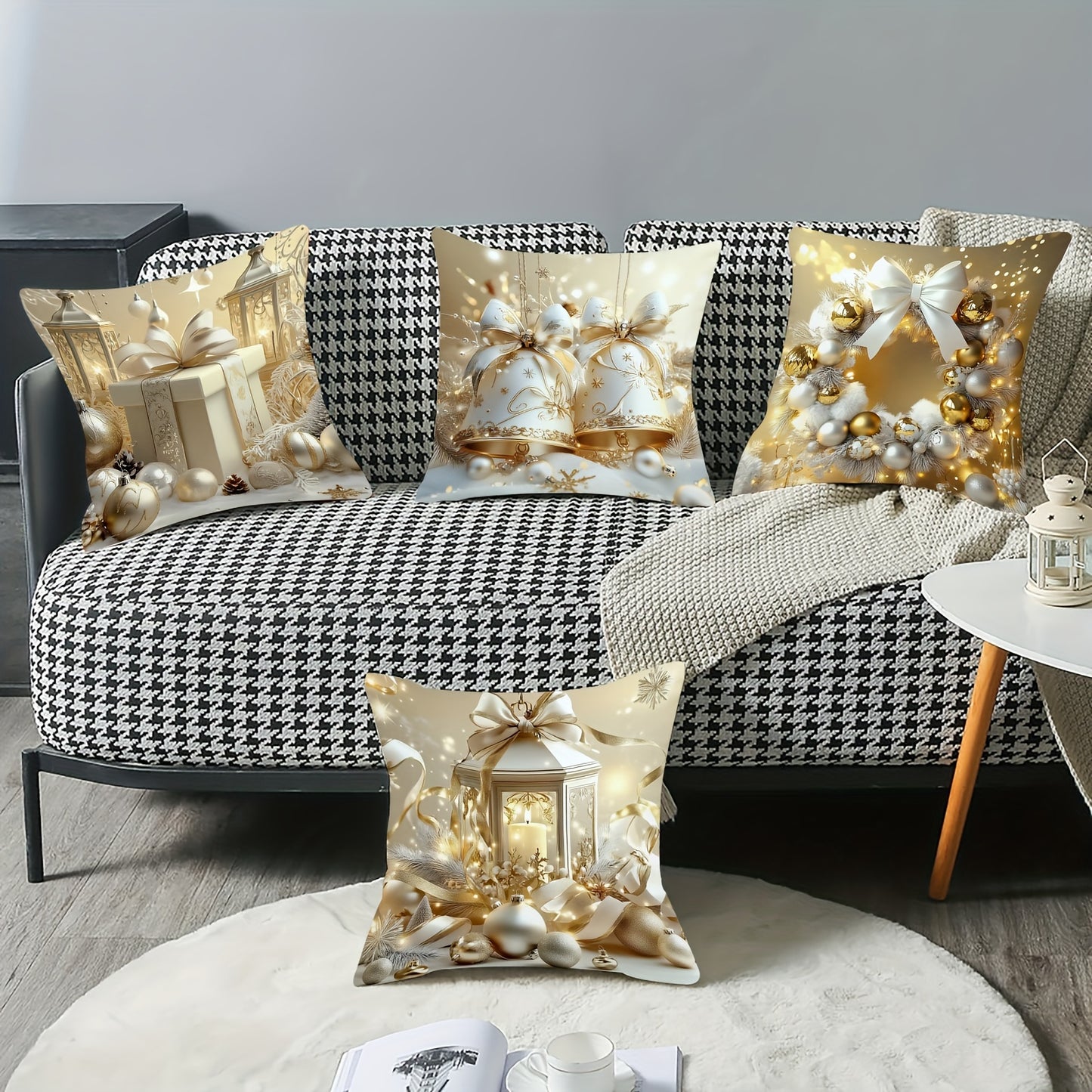 4PCS Christmas Holiday Decorative Throw Pillow Covers, Velvet Printed Swan Design, Luxury Golden Comfort Soft Cushion Cases, Festive Single-Sided Print, Zippered, Machine Washable for Living Room, Bedroom, Sofa – 100% Polyester