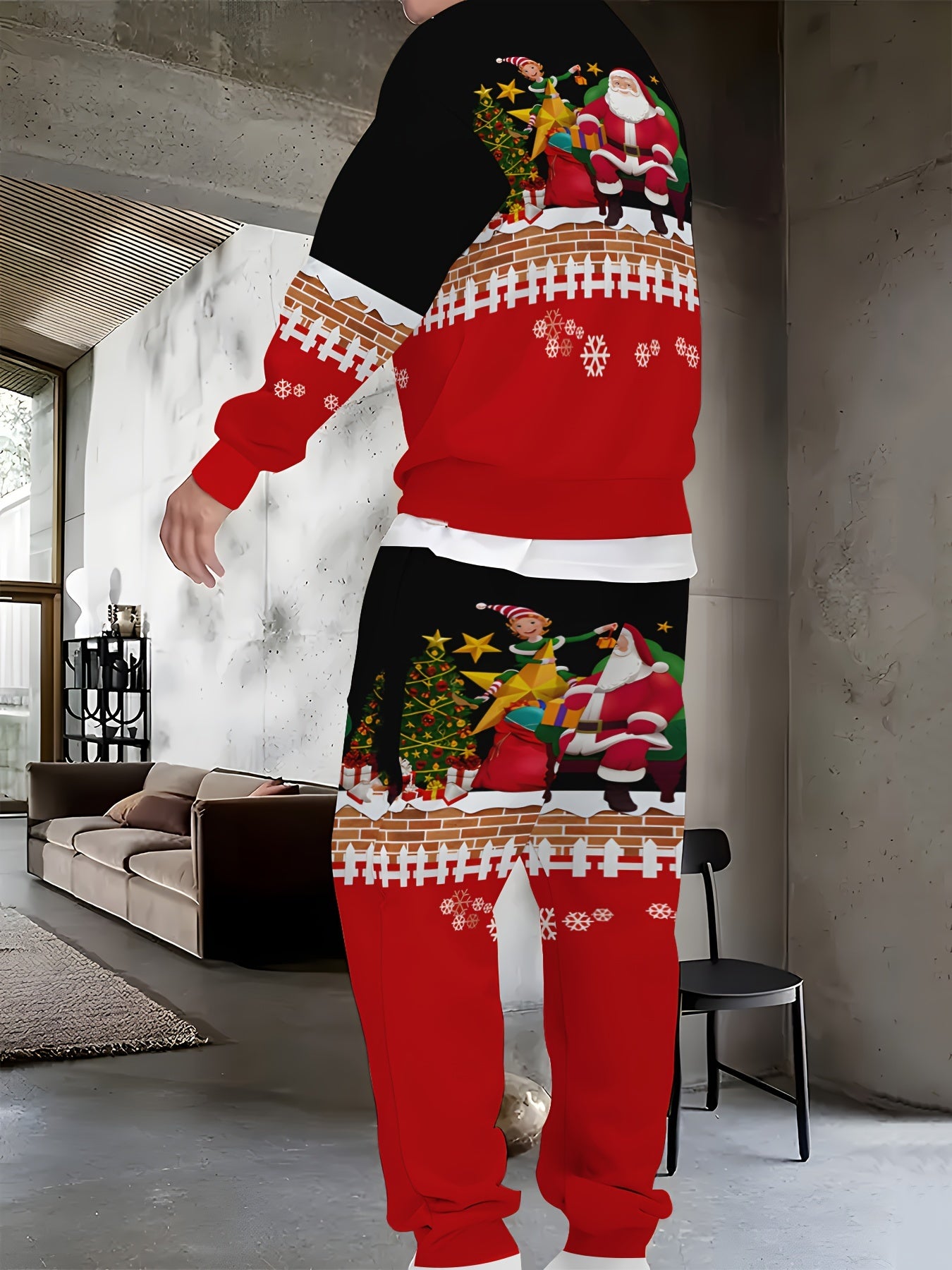 Men's Festive Christmas Outfit Set - Casual Long Sleeve Crew Neck Sweatshirt & Joggers with Santa Print, Machine Washable