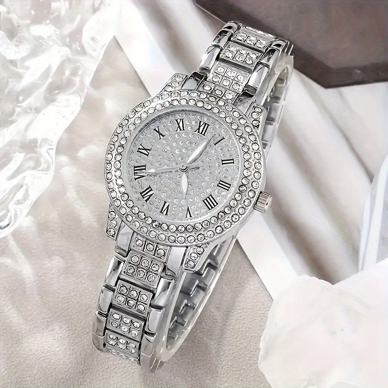 6 Pcs Stunning Round Rhinestone Quartz Watches - Stainless Steel Strap, Zinc Alloy Pointer, Dazzling Dial, and Rhinestone Accented Bracelet Necklace Earrings Jewelry Set - Perfect Gift for Loved Ones on Valentine's Day, Easter, Ramadan, Birthdays, Mother'