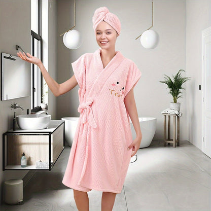 2pcs Womens Ultra-Soft Bath Skirt & Hair Cap Set - Quick-Drying, Wearable Towel Bathrobe, Adorable Solid Colors - Premium Bathroom Essentials for Daily Use