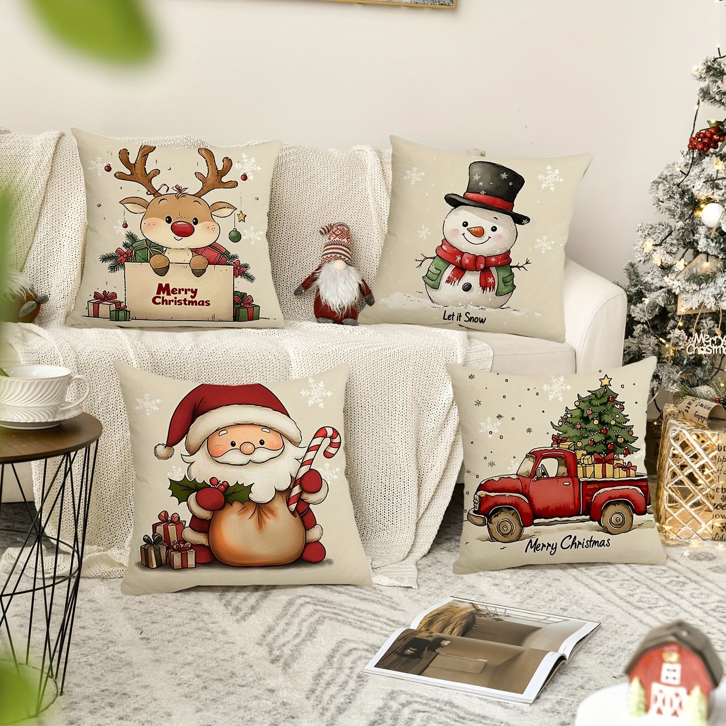 Festive 4pcs Set of Rustic Christmas Throw Pillow Covers - Santa, Reindeer, Snowman & Tree Designs | Durable Polyester, Zip Closure | Perfect for Living Room, Bedroom & Sofa Decor | Machine Washable | 17.72" Square