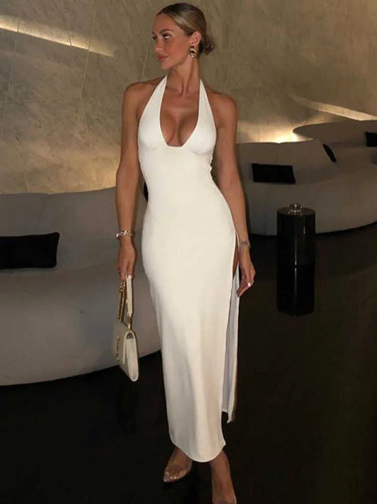 New White Halter Backless Bodycon Slit Prom Maxi Dress Women Summer Elegant Birthday Party Night Evening Ladies Tight Long Dresses