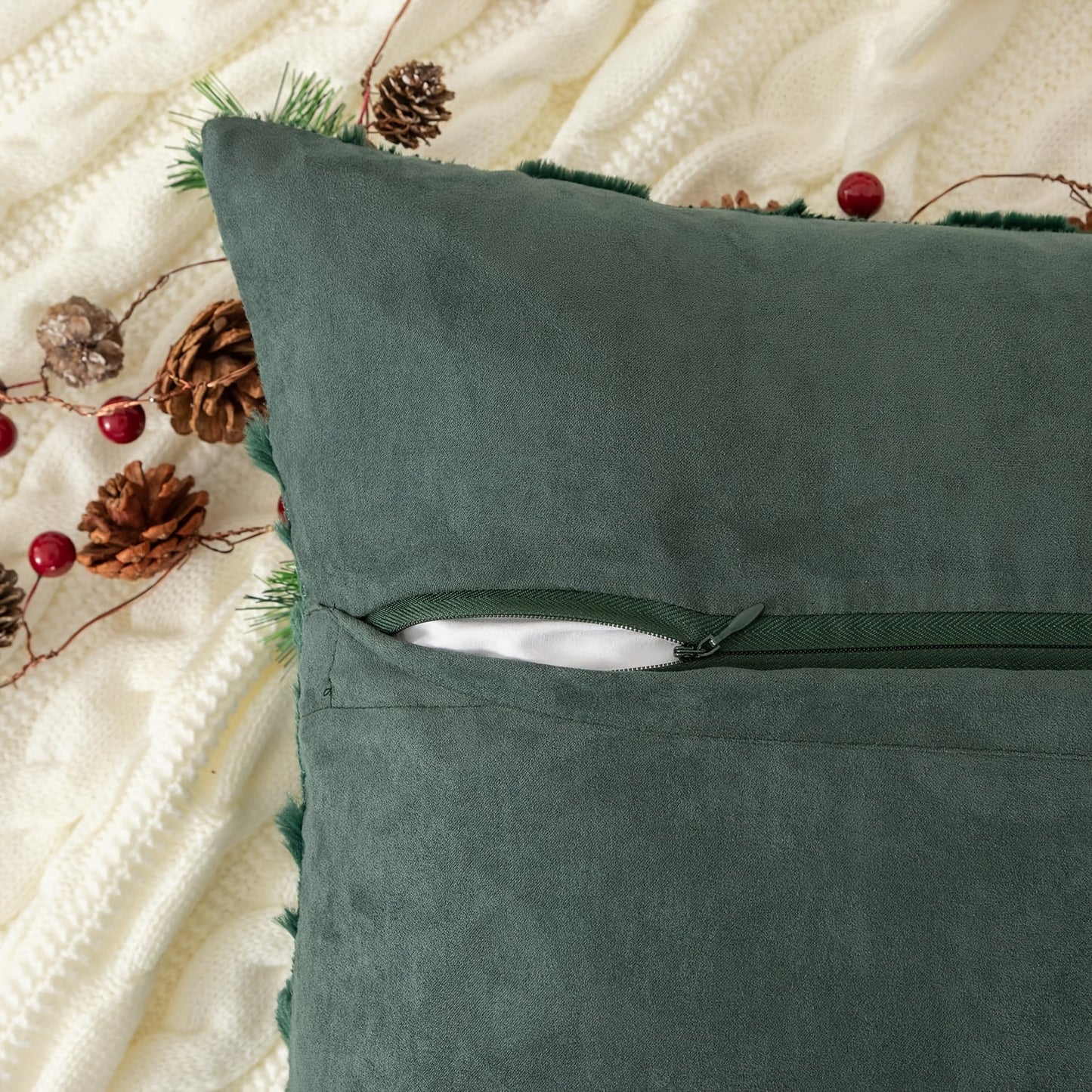 Set of 2 Festive Faux Fur Christmas Throw Pillow Covers - Soft, Traditional Style, Pine Tree Pattern, Machine Washable, Zippered, Polyester Woven, Sofa and Bedroom Decor - Easy Care, Durable, and Cozy Winter Accent