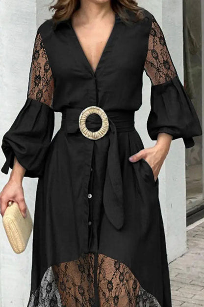 namcoverse Lace Patchwork Stylish Belted High Low Midi Dress