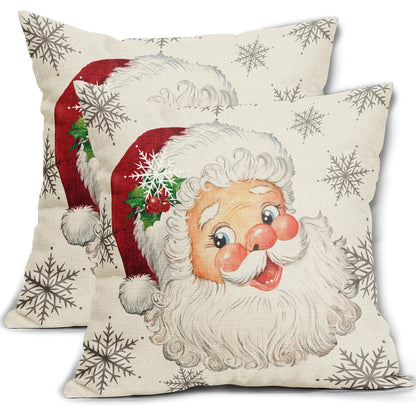 2PCS Christmas Santa Claus Pillow Covers - 16x16, 18x18, 20x20 Inch Reversible Rustic Xmas Snowflakes Print Decorative Outdoor Pillowcases with Zipper Closure and Linen Cover and Liner - Machine Washable Farmhouse Holiday Winter Decorations for Couch Sofa