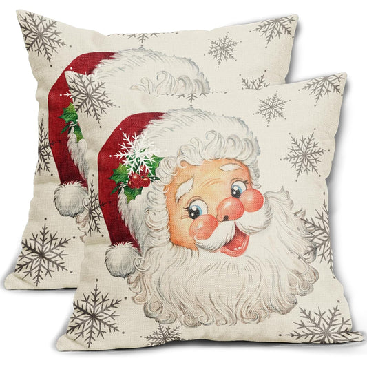 2PCS Christmas Santa Claus Pillow Covers - 16x16, 18x18, 20x20 Inch Reversible Rustic Xmas Snowflakes Print Decorative Outdoor Pillowcases with Zipper Closure and Linen Cover and Liner - Machine Washable Farmhouse Holiday Winter Decorations for Couch Sofa