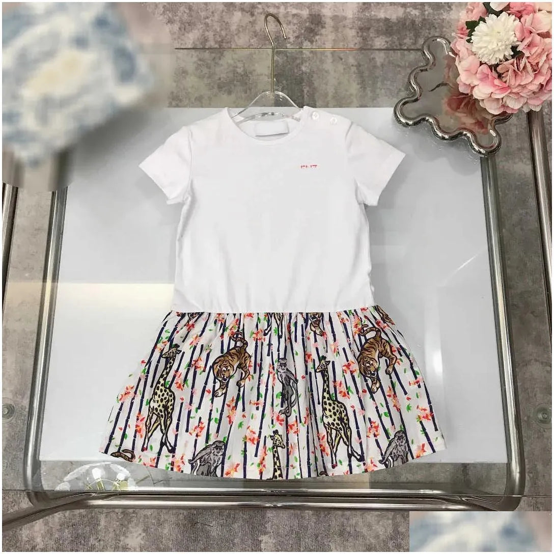 Girls Dresses 23Ss Princess Dress Short-Sleeved Kids Designer Clothes Lapel Lattice Splicing Belt Shirtdress Big Shirt Skirts Drop Del Dhnu8