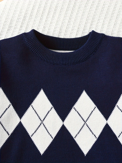 Boys' Classic Argyle Knit Pullover Sweater - Casual Crew Neck, Long Sleeve, Viscose Blend, Medium Stretch, Regular Fit for School Year-Round Wear