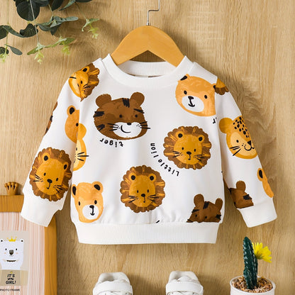 Cozy Cartoon Crew Neck Sweatshirt for Toddler Boys - Soft Long Sleeve Pullover with Adorable Animal Designs, Everyday Wear, Casual Style, and Comfortable Fit