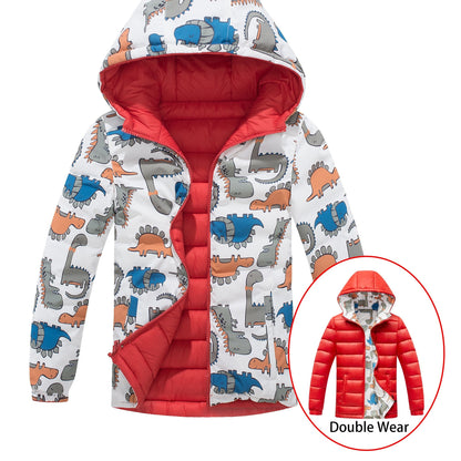 Ultra-Soft Dino Thrill Reversible Quilted Jacket - Insulated Zip Up Hooded Coat for Little Adventurers - Perfect Warm Winter Wear & Gift Idea for Boys