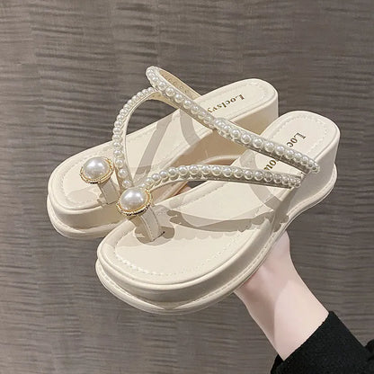 Summer Fashion High-Heeled Flip-Flops Outdoor Thick Sole Non-Slip Wedge Sandals Rhine-Diamond Beach Slippers