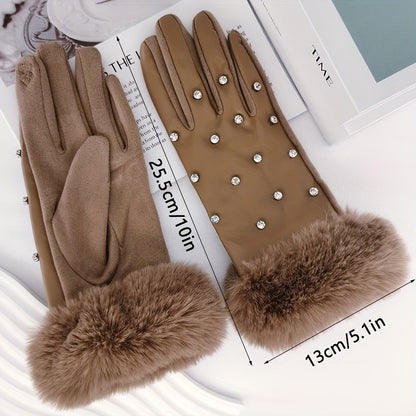 Thick Soft Plush Cuff Gloves Rhinestone Decor PU Leather Gloves Autumn Winter Windproof Touchscreen Gloves