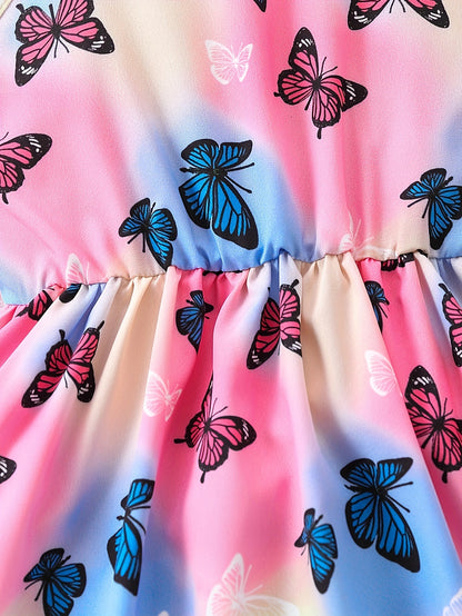 Adorable Girls Kaleidoscopic Butterfly Print Adjustable Suspender Tunic Dress - Perfect for Sun-soaked Beaches & Summer Parties