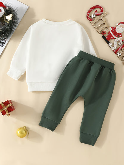 Baby Boys And Girls Christmas Print Cute Outfits, Kids 2pcs Sweatshirt Casual Pocket Pants Set