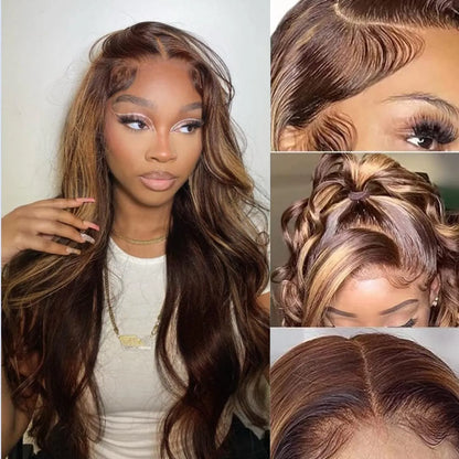 180%density 28 30 Inch Highlight Honey Body Wave 13x4 HD Lace Front Human Hair Wigs Remy Ombre Colored Wavy Lace Frontal Wigs for Women