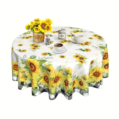1pc, Polyester Tablecloth, Summer Sunflower Table Cover, Sunflower Buffalo Plaid Checkered Table Cover, Stain Wrinkle Free Tablecloth, For Home Kitchen Dining Party Decoration, Gift