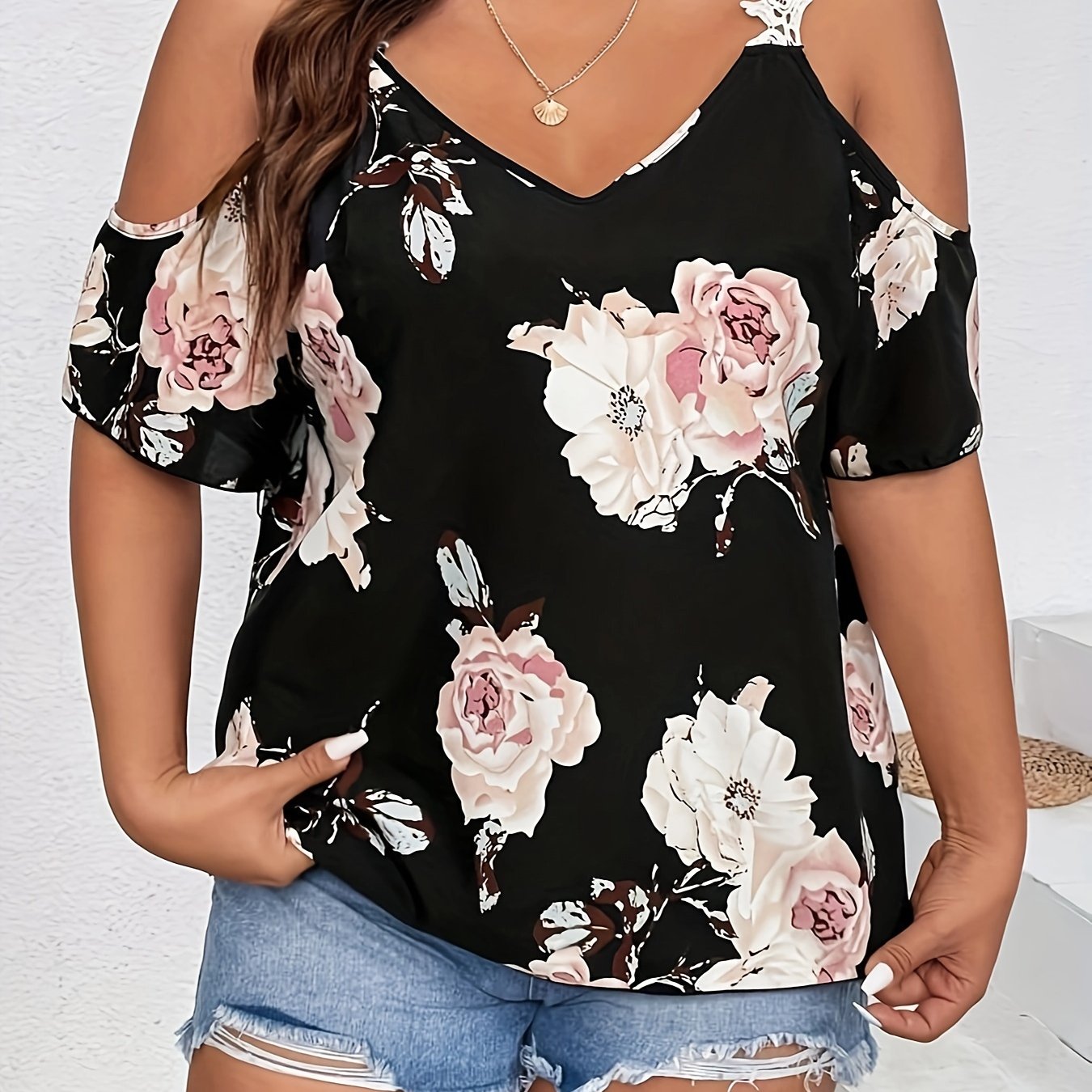 Plus Size Elegant V Neck Floral Print Blouse - Chic Guipure Lace Details, Slight Stretch Polyester Fabric, Perfect for Spring and Summer Vacation - Womens Stylish Shirting