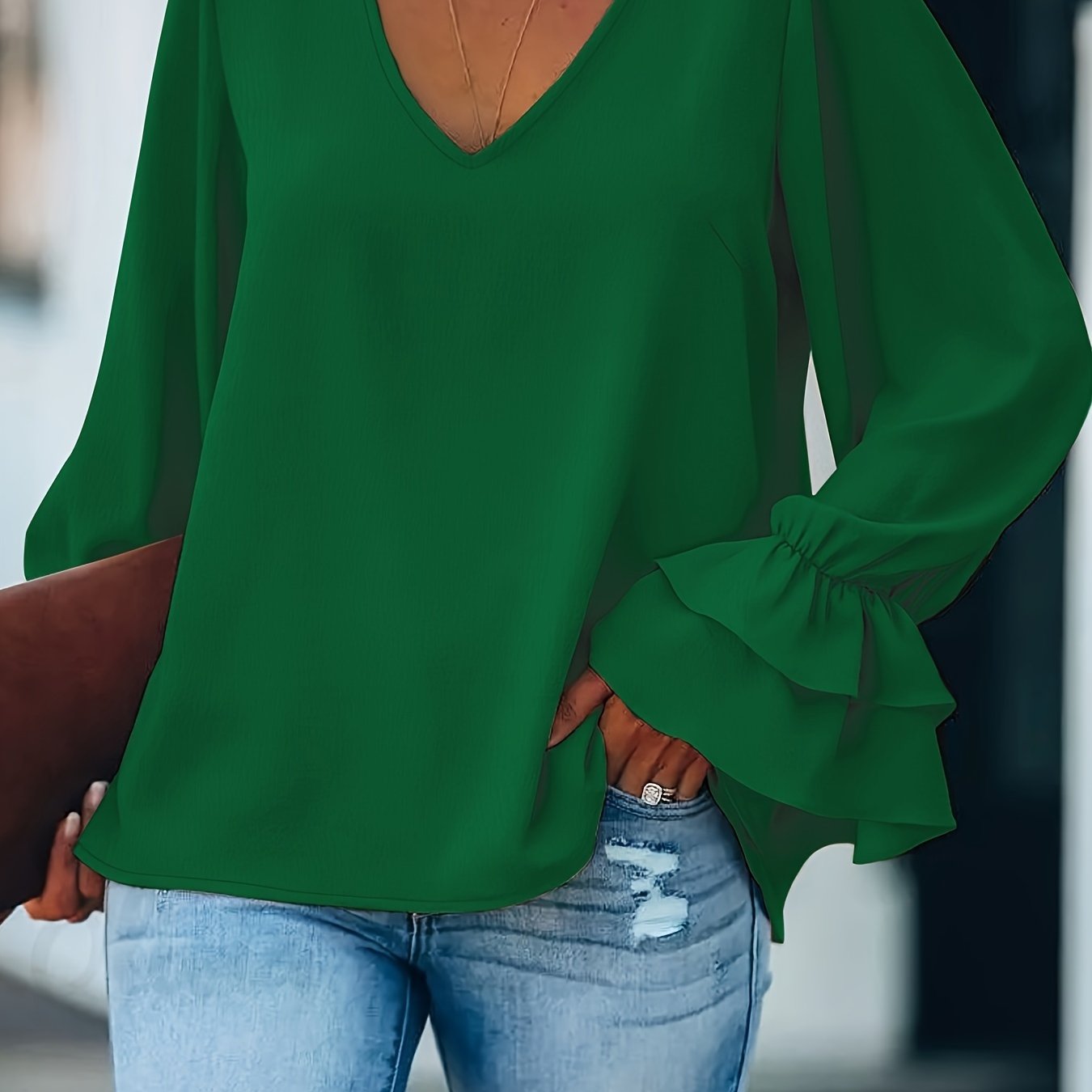 Flirty Ruffle Sleeve Plus Size Blouse - Chic V-Neck, Solid Color for Spring & Summer - Stylish Womens Plus Size Clothing