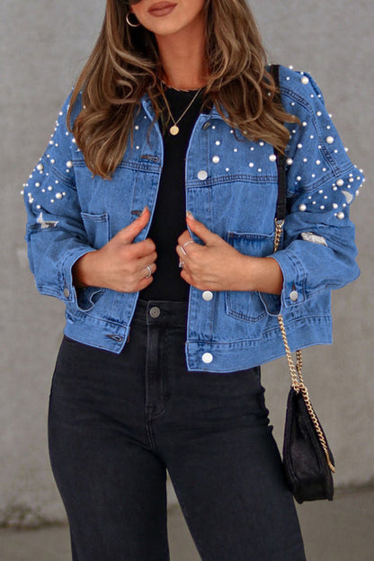 flowersverse flowersverse - Light Blue Casual Solid Beading Turndown Collar Long Sleeve Denim Jacket