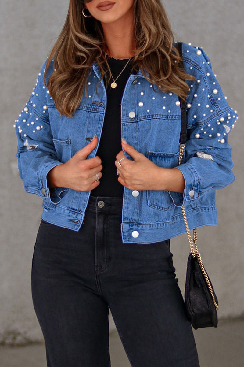 flowersverse flowersverse - Light Blue Casual Solid Beading Turndown Collar Long Sleeve Denim Jacket