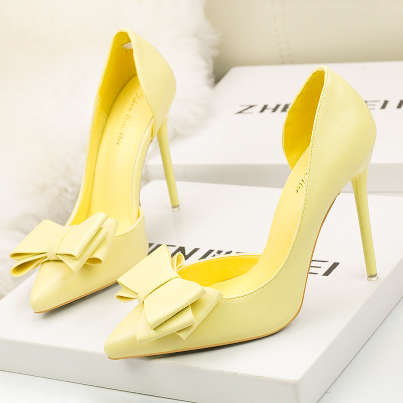 flowersverse  3168-2 Korean Style Fashionable Sweet Bowknot High Heels Stiletto Heel Shallow Mouth Pointed Toe Side Hollow out Pumps