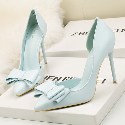 flowersverse  3168-2 Korean Style Fashionable Sweet Bowknot High Heels Stiletto Heel Shallow Mouth Pointed Toe Side Hollow out Pumps