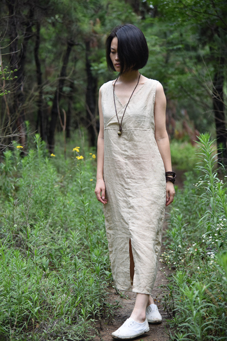 FLOWERSVERSE Su Nian Weiyang 1707/Wood Black, Ramie Simple Literary Sleeveless Pullover Bottom V-Neck Dress