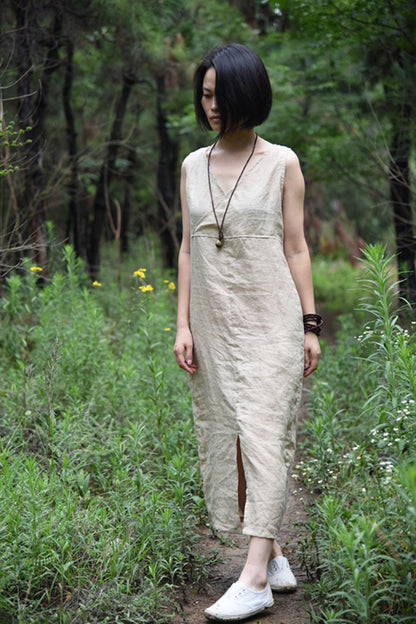 FLOWERSVERSE Su Nian Weiyang 1707/Wood Black, Ramie Simple Literary Sleeveless Pullover Bottom V-Neck Dress