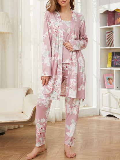 Chic Floral Pajama Set for Women: Cozy Knit Top, Elastic Pants & Belted Robe - Fall/Winter Casual Sleepwear