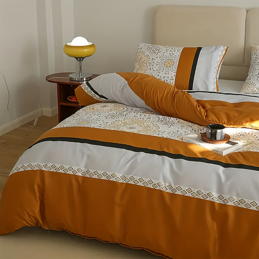 3pcs Soft & Cozy Duvet Cover Set - Orange & Gray Striped, Includes 1 Duvet Cover And 2 Pillowcases, Zip Closure, Machine Washable - Perfect For All Seasons