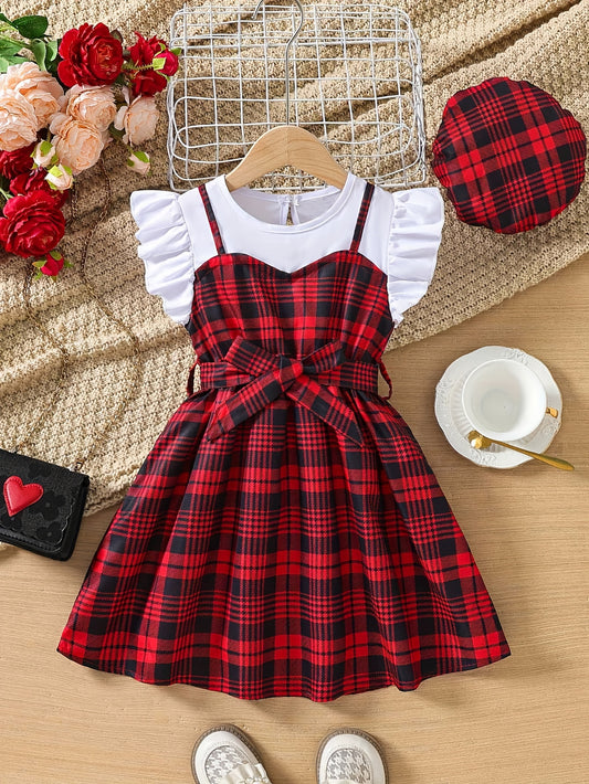 Summer Chic Girls' Dress - Vibrant Plaid with Playful Ruffles & Bow Belt Detail - Perfect for Parties & Special Occasions