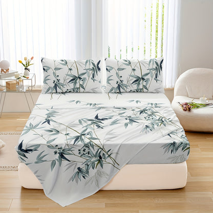 4pcs Luxurious Bamboo Leaf Print Fitted Sheet Set - Soft, Breathable, Comfortable, Hypoallergenic Bedding for Bedroom, Guest Room - 1 Flat Sheet, 1 Fitted Sheet, 2 Pillowcases, No Core Included, Easy Care, Wrinkle-Resistant, and Fade-Proof