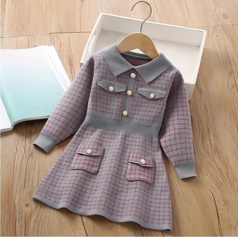 Spring Autumn Baby Girls Princess Dress Kids Knitted Turn-Down Collar Dresses Children Long Sleeve Dress With Pockets