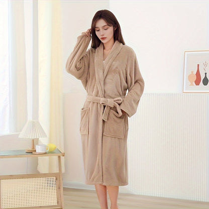 1pc Women's Plain Bathrobe, Long Sleeve Long Bathrobe With Pocket, Soft And Comfortable Loungewear, Robe For Home Beach Pool Gym Travel, Bathroom Supplies