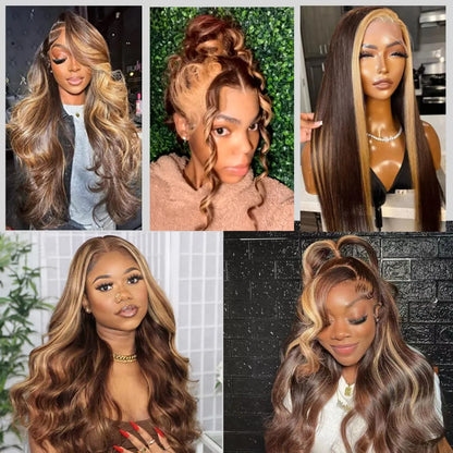 180%density 28 30 Inch Highlight Honey Body Wave 13x4 HD Lace Front Human Hair Wigs Remy Ombre Colored Wavy Lace Frontal Wigs for Women