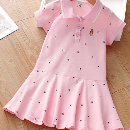 Girls' Summer Sporty Cotton Dress - Embroidered Stars, Polo Collar, Flared Ruffle Hem