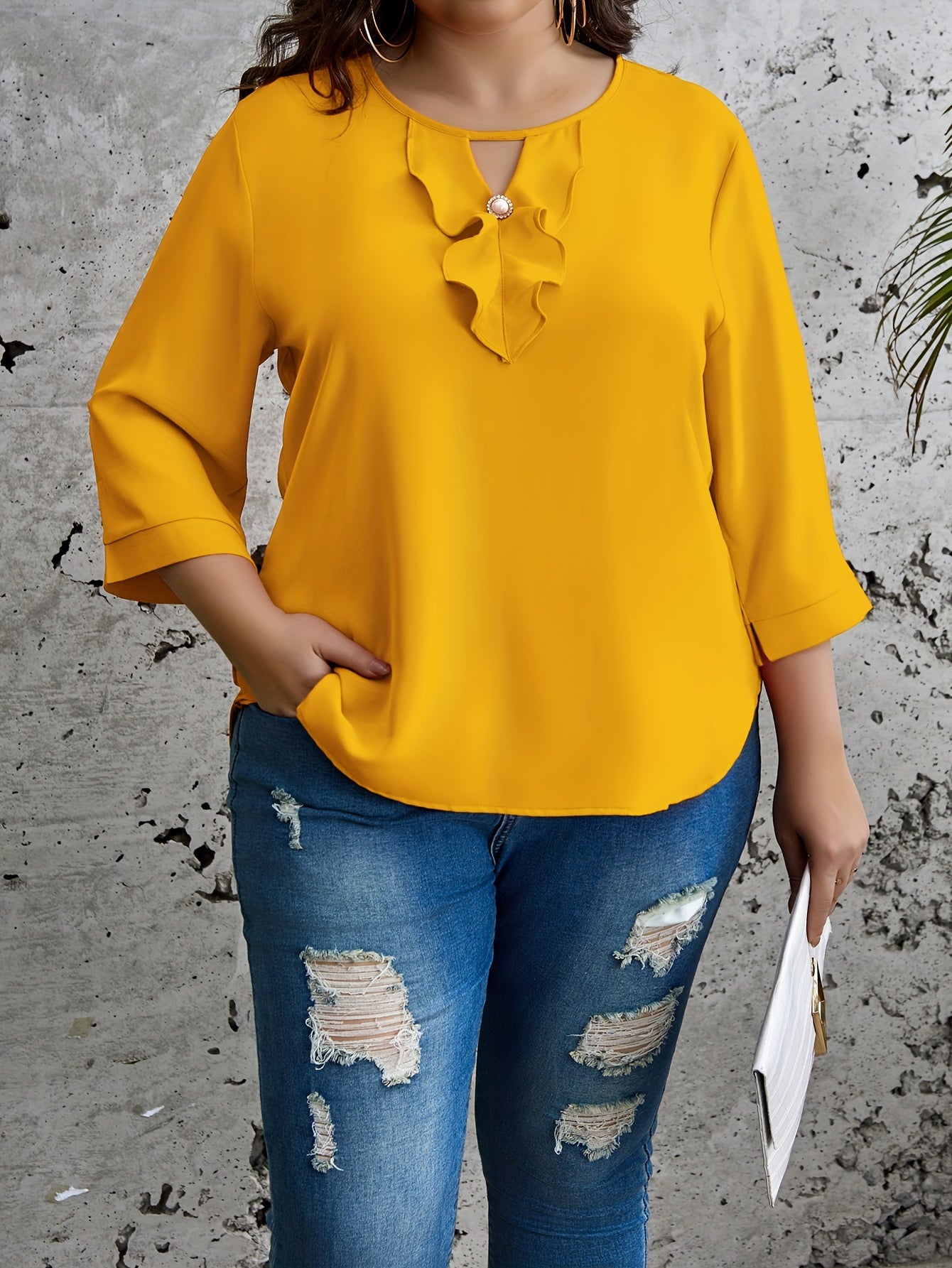 Plus Size Solid Ruffle Blouse, Elegant Crew Neck 3/4 Sleeve Blouse For Spring, Women's Plus Size Clothing