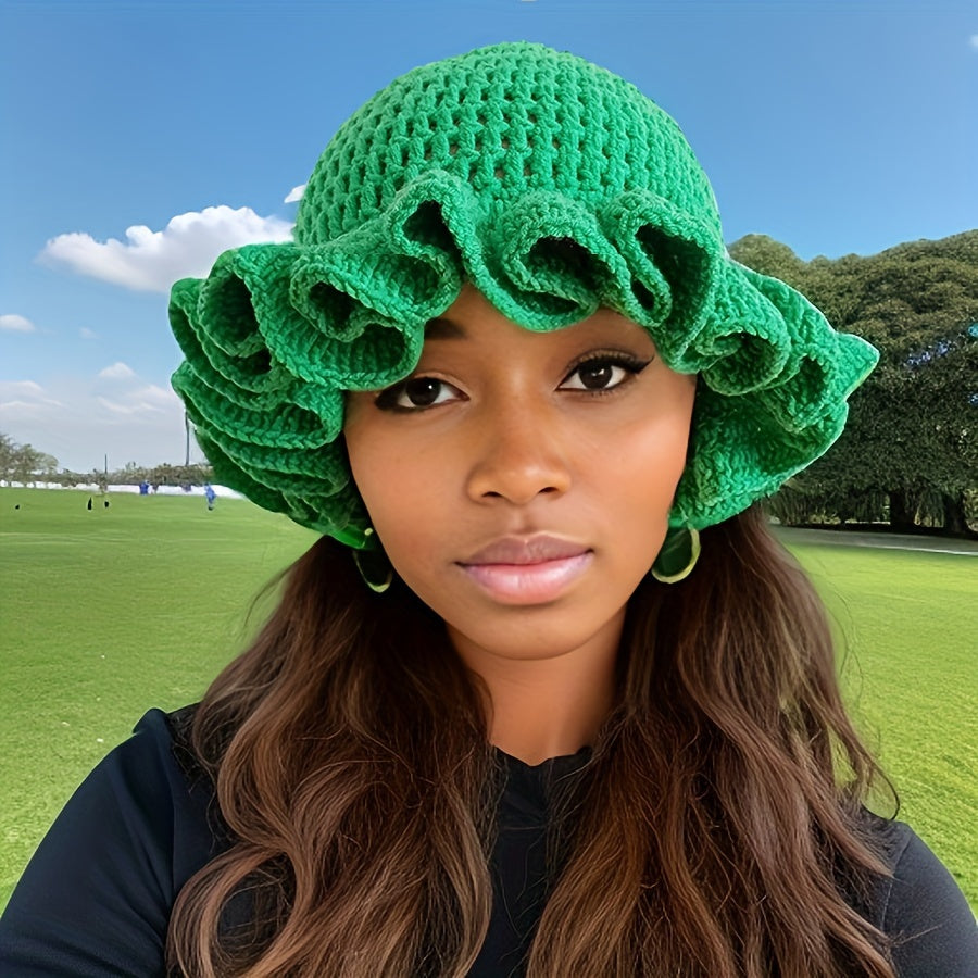 Chic Multicolor Crochet Ruffle Bucket Hat for Women & Men - Warm Knit Fisherman Cap with Elastic Fit, Lightweight & Stylish