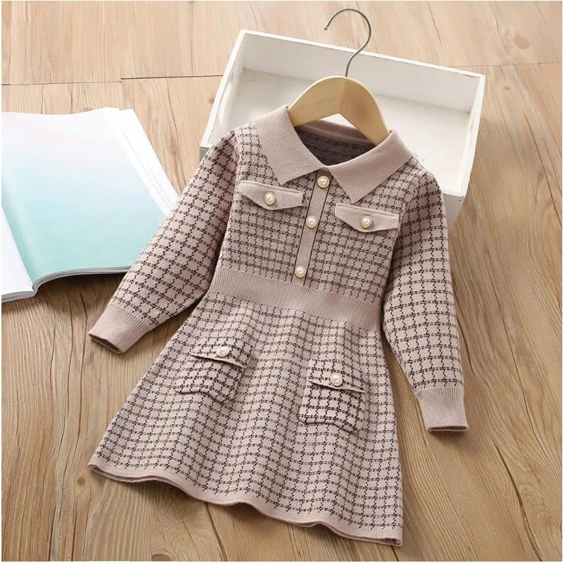 Spring Autumn Baby Girls Princess Dress Kids Knitted Turn-Down Collar Dresses Children Long Sleeve Dress With Pockets