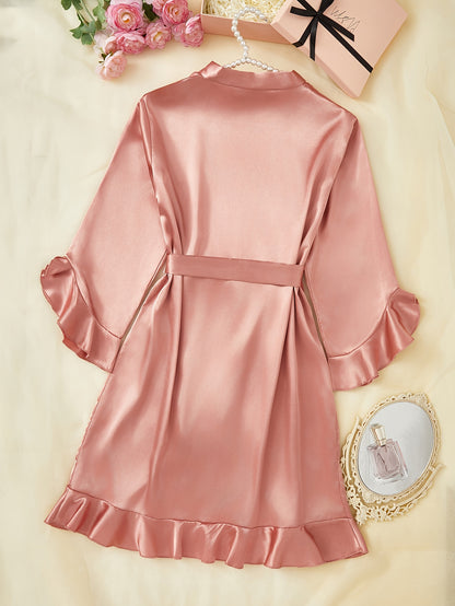 Elegant All-Season Satin Night Robe with Ruffle Detail, V-Neck & Long Sleeves – Luxurious Comfort with Belt, Easy-Care Women's Sleepwear