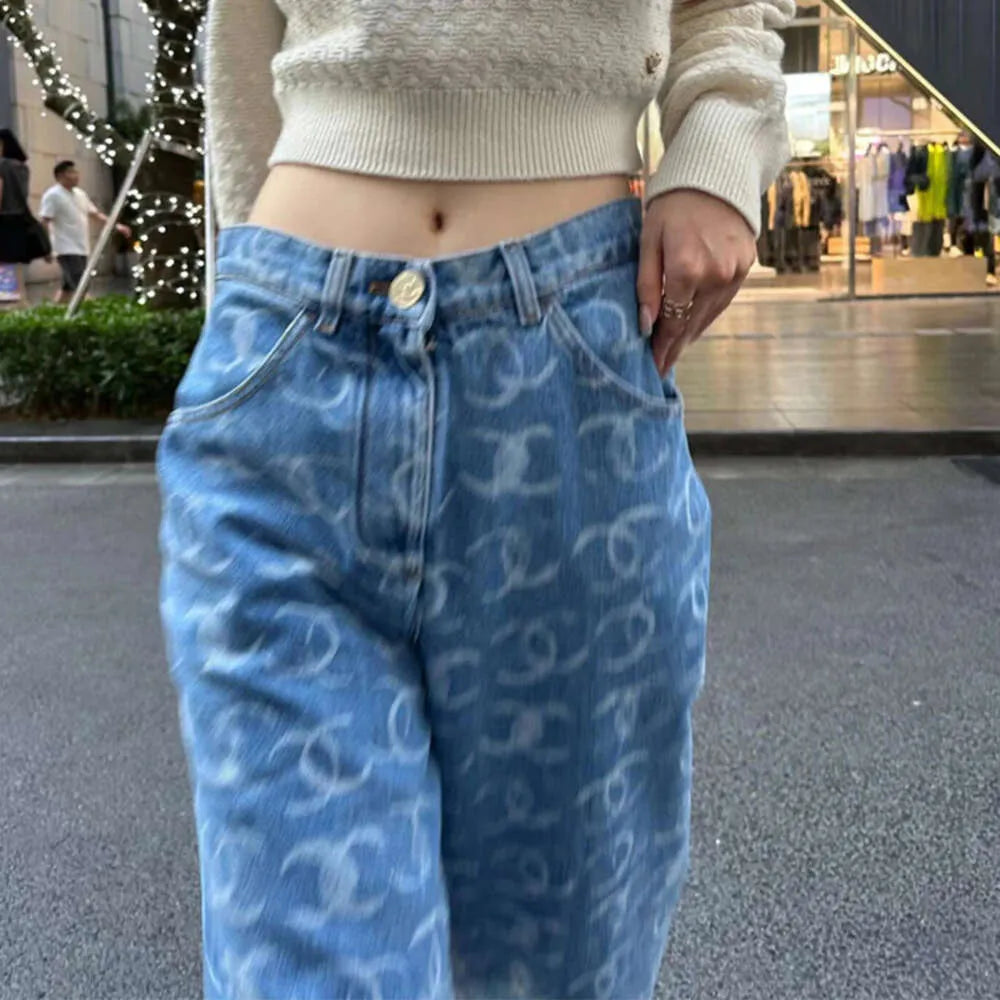 South Oil High end Womens Wear 24 New Small Fragrance Full Print Sticking Diamond Trendy Narrow Straight Tube Denim Pants for Women