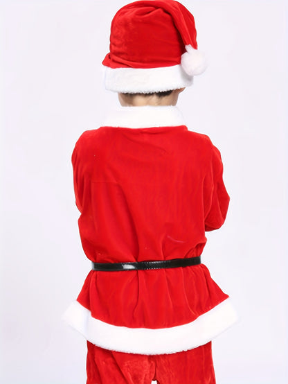 Boys' Festive Christmas Costume Set with Santa Hat - Long Sleeve Top & Cropped Pants, Polyester Blend, Perfect for Holiday Performances