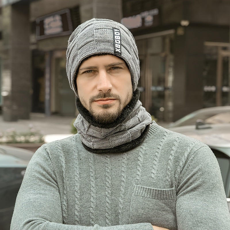 1 Set Solid Color Breathable Warm Hats With Neck Scarf, Winter Thickened Knitted Brimless Hats With Ear Protection Design