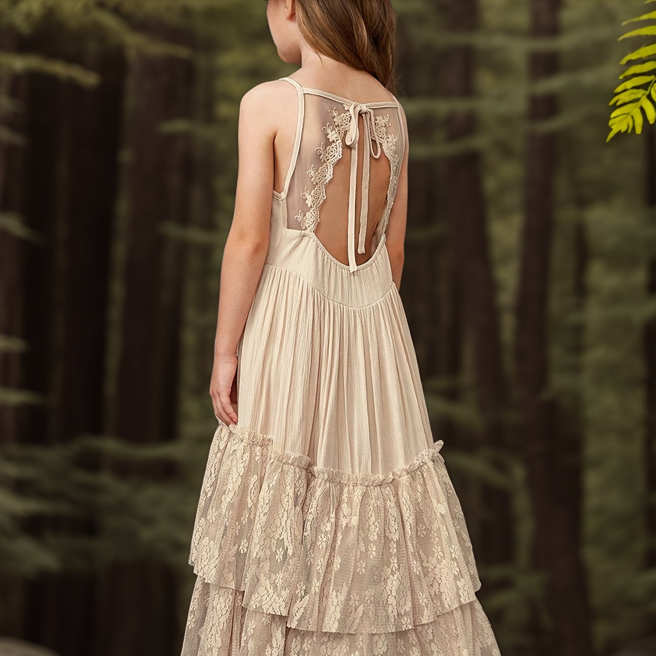 Elegant Girls' Halter Lace Maxi Dress - Backless, Perfect for Weddings and Performances