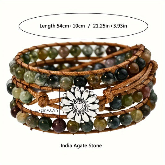 5 Layers Bohemian Healing Stone Wrap Adjustable Leather Beaded Tree Charm Bracelet - Natural, Prolonged Leather, Adjustable, Tree of Life Charm, Beaded Jewelry - Perfect for Boho Chic Style Lovers
